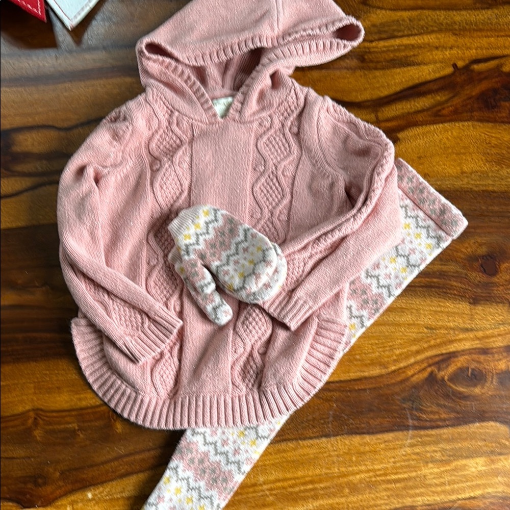 Pink Knit Hoodie and Patterned Leggings Set